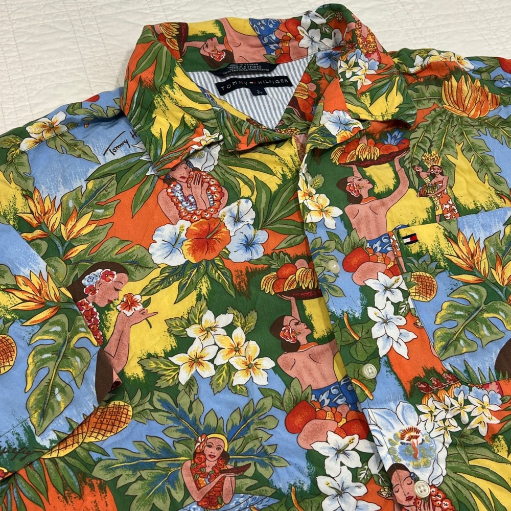 Tommy Hilfiger Mens Large Hawaiian Shirt Hula Girl Tropical Rayon Button Down